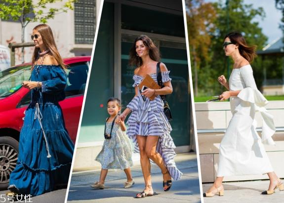 一字肩连衣裙图片 夏季一字肩连衣裙