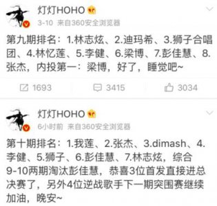 ​《歌手》第十期排名，彭佳慧一轮游，林志炫玩心跳，张杰逆袭